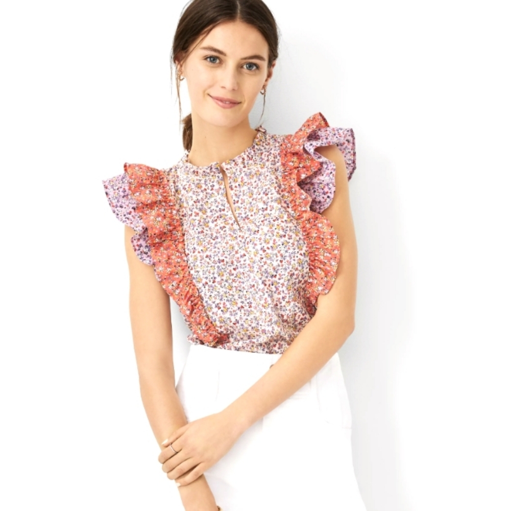 ANN TAYLOR Floral Ruffle Trim Shell Blouse Top Pink Orange Lilac Size XS
